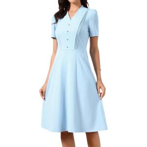 imageAllegra K Work Dresses for Women Midi Length Short Sleeve V Neck Button Decro ALine Business Casual DressSky Blue