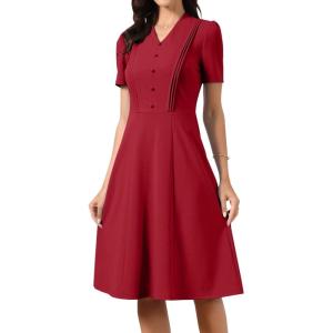 imageAllegra K Work Dresses for Women Midi Length Short Sleeve V Neck Button Decro ALine Business Casual DressWine Red