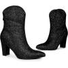 imageAllegra K Womens Glitter V Shape Pointy Toe Back Zipper Block Heels Mid Calf BootsBlack