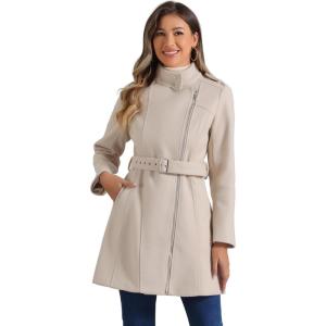 imageAllegra K High Neck Winter Coat for Womens Zip Up Belted MidLong OvercoatBeige
