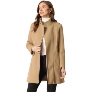 imageAllegra K High Neck Winter Coat for Womens Zip Up Belted MidLong OvercoatKhaki