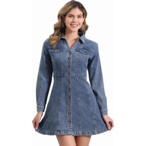 imageAllegra K Womens Denim Dress Button Down Collar V Neck Long Sleeve Aline Cotton Jean DressRetro Blue
