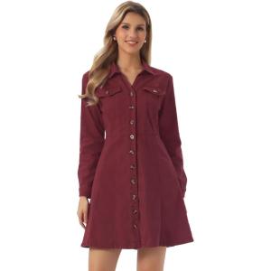 imageAllegra K Womens Denim Dress Button Down Collar V Neck Long Sleeve Aline Cotton Jean DressWine Red