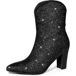 imageAllegra K Womens Glitter V Shape Pointy Toe Back Zipper Block Heels Mid Calf BootsBlack