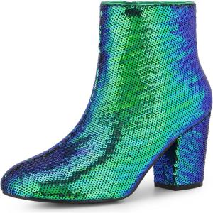 imageAllegra K Womens Round Toe Block Heels Sequin Ankle BootsGreen