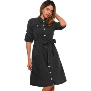 imageAllegra K Denim Dress for Womens Long Sleeve Button Down ALine Belted Classic Jean DressesBlack