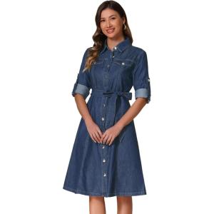 imageAllegra K Denim Dress for Womens Long Sleeve Button Down ALine Belted Classic Jean DressesDark Blue