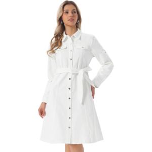imageAllegra K Denim Dress for Womens Long Sleeve Button Down ALine Belted Classic Jean DressesWhite