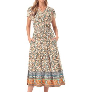 imageAllegra K Womens Boho Dresses V Neck Cap Sleeve Smocked ALine Floral Tiered Flowy Maxi DressesBeige