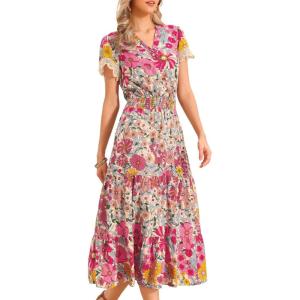 imageAllegra K Womens Boho Dresses V Neck Cap Sleeve Smocked ALine Floral Tiered Flowy Maxi DressesPink
