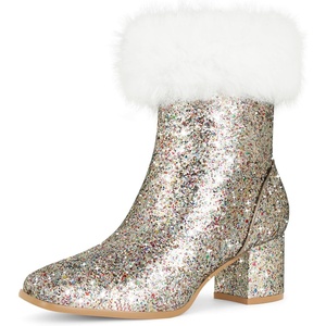 image:imageAllegra K Sparkly Glitter Boots for Women Square Toe Chunky Heel Faux Fur Ankle BootsSilver