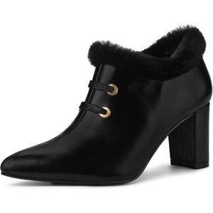 image:imageAllegra K Womens Block Heels Pointed Toe Faux Fur Ankle BootiesBlack