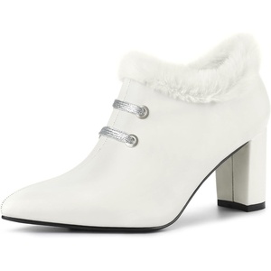 image:imageAllegra K Womens Block Heels Pointed Toe Faux Fur Ankle BootiesWhite
