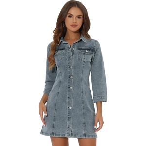 image:imageAllegra K Womens Denim Dresses Spring Summer Button Down 34 Sleeve 2026 Jean Mini DressGray Blue