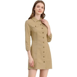 image:imageAllegra K Womens Denim Dresses Spring Summer Button Down 34 Sleeve 2026 Jean Mini DressLight Khaki