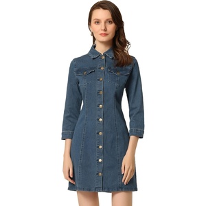 image:imageAllegra K Womens Denim Dresses Spring Summer Button Down 34 Sleeve 2026 Jean Mini DressMid Blue