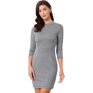 image:imageAllegra K Womens Mock Neck 34 Sleeve Slim Check Office Work Plaid DressBlack White Plaid