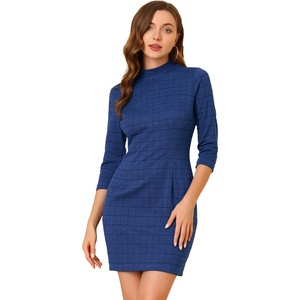 image:imageAllegra K Womens Mock Neck 34 Sleeve Slim Check Office Work Plaid DressBlue