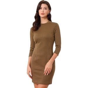 image:imageAllegra K Womens Mock Neck 34 Sleeve Slim Check Office Work Plaid DressBrown Black Plaid