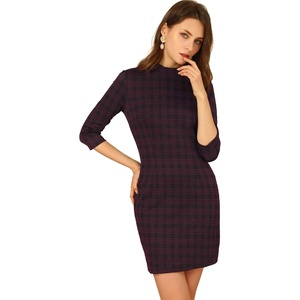 image:imageAllegra K Womens Mock Neck 34 Sleeve Slim Check Office Work Plaid DressDark Red