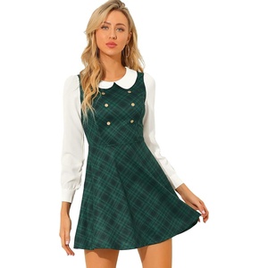 image:imageAllegra K Womens Peter Pan Collar Contrast Color Button Decor ALine Preppy Plaid Mini DressGreen