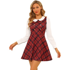 image:imageAllegra K Womens Peter Pan Collar Contrast Color Button Decor ALine Preppy Plaid Mini DressRed