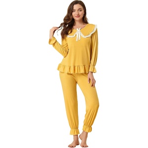 image:imageAllegra K Womens Sleepwear Lounge Peter Pan Collar Long Sleeve Ruffle Pajama Set