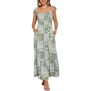 image:imageAllegra K Summer Smocked Dress for Women Spaghetti Strap Square Neck Ruffle Casual Flowy Long Maxi Sundress 2026Green