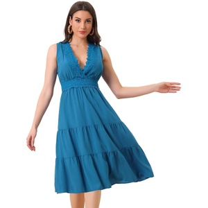 image:imageAllegra K Boho Sleeveless Dress for Womens Lace Trim Beach Tiered V Neck Midi Sundress