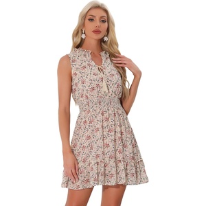 image:imageAllegra K Floral Dresses for Womens Sleeveless V Neck Sleeveless Smocked Waist Ruffle Mini Dress