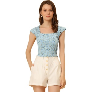 image:imageAllegra K Square Neck Crop Tops for Womens Short Sleeve Ditsy Floral Rib Knit Tee Shirts