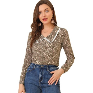 image:imageAllegra K Womens Casual Long Sleeve Career Vintage V Neck Floral Tops Blouse Shirt