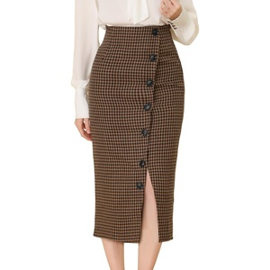 image:imageAllegra K Womens Elegant Houndstooth Elastic Waist Straight Split Midi Skirt