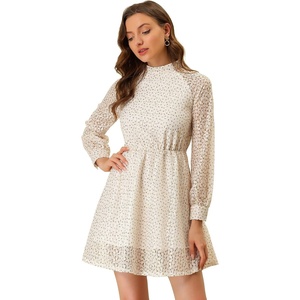 image:imageAllegra K Womens Elegant Long Sleeve Stand Collar High Waist Floral Lace Dress