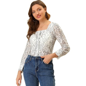 image:imageAllegra K Womens Lace Floral Blouse Square Neck Long Sleeve Button Down Top