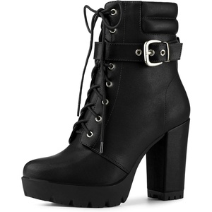 image:imageAllegra K Womens Platform Ankle Boots Lace Up Block Heels Combat Boots  Lace Up Buckle Zipper Heel 3 78 Inches Party Halloween days Christmas Days Dating EveningBlack