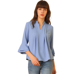 image:imageAllegra K Womens V Neck Pleated Front Blouse Casual Swiss Dots 34 Bell Sleeve Top