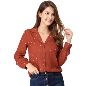 image:imageAllegra K Womens Valentine Top 1950s Vintage Long Sleeve Printed Button Down TopsBrown Red