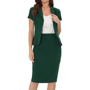 image:imageAllegra K Womens Suits 2 Piece Skirt Set Business Professional Outfits Short Sleeve Blazer Pencil Skirt SuitDark Green