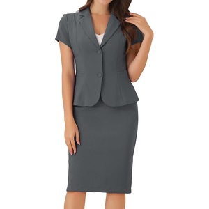 image:imageAllegra K Womens Suits 2 Piece Skirt Set Business Professional Outfits Short Sleeve Blazer Pencil Skirt SuitDark Grey