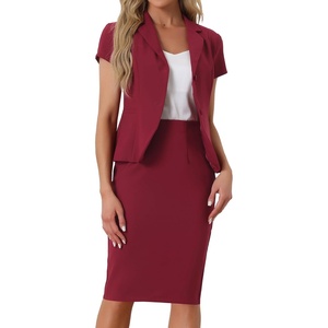 image:imageAllegra K Womens Suits 2 Piece Skirt Set Business Professional Outfits Short Sleeve Blazer Pencil Skirt SuitDark Red