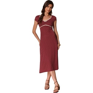 image:imageAllegra K Womens Vintage Retro Midi Polka Dot Dress  VNeck Cap Sleeve Contrast Trim 1950s Style ALine Summer OutfitsWine Red