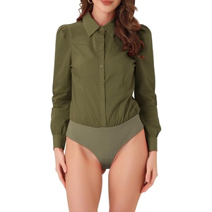 image:imageAllegra K Work Body Suits for Women Office Button Down Shirt Collared Long Sleeves Bodysuit TopArmy Green