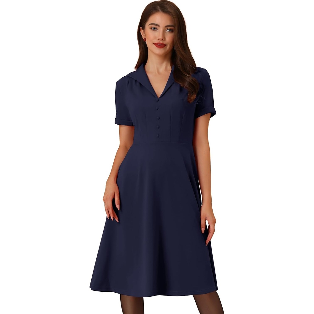 image:imageAllegra K Vintage Work Dresses for Womens 1950s Flat Collar Short Sleeve Fit and Flare DressNavy Blue