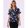 image:imageAllegra K Womens Wrap Peplum Top Blouse 2026 Summer Floral Short Sleeve Ruffle V Neck Belted ShirtsNavy Blue
