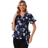 image:imageAllegra K Womens Wrap Peplum Top Blouse 2026 Summer Floral Short Sleeve Ruffle V Neck Belted ShirtsNavy Blue