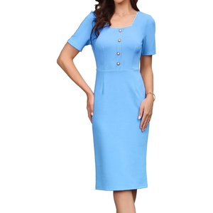 image:imageAllegra K Elegant Dresses for Womens Short Sleeve Square Neck Button Business Work Sheath DressLight Blue