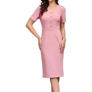image:imageAllegra K Elegant Dresses for Womens Short Sleeve Square Neck Button Business Work Sheath DressPink