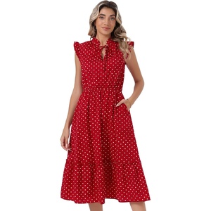image:imageAllegra K Polka Dots Midi Dress for Womens Peasant Tie Neck Ruffle Sleeve DressesRed