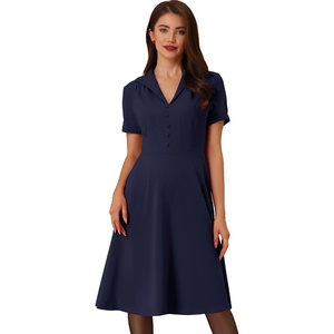 image:imageAllegra K Vintage Work Dresses for Womens 1950s Flat Collar Short Sleeve Fit and Flare DressNavy Blue